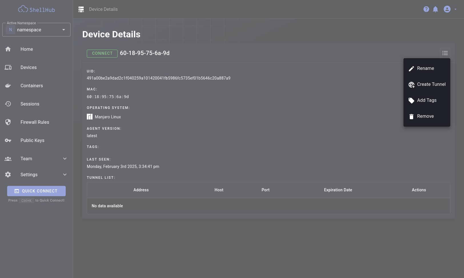 Device's details with menu opened